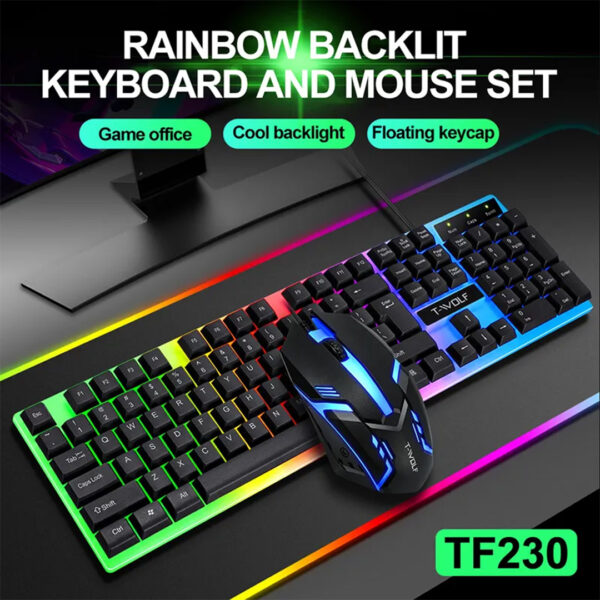 T-WOLF TF230 White Black Wired Gaming Keyboard Mouse Set