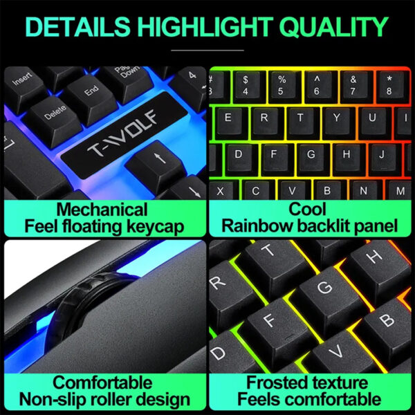 T-WOLF TF230 White Black Wired Gaming Keyboard Mouse Set