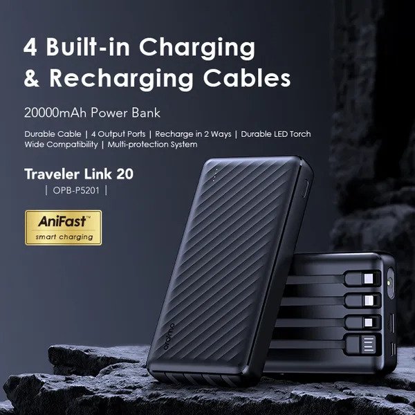 Oraimo Traveler Link 20 OPB-P5201 20,000mAh power bank with 4 built in charging & recharging cables