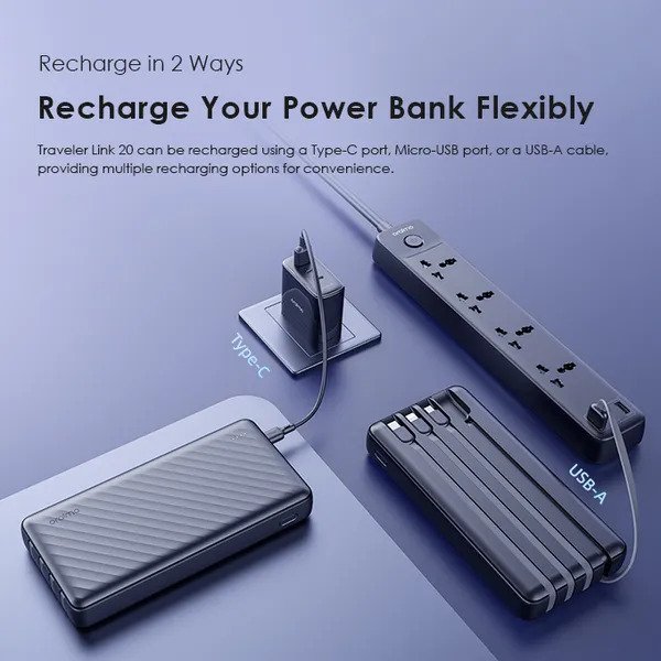 Oraimo Traveler Link 20 OPB-P5201 20,000mAh power bank with 4 built in charging & recharging cables